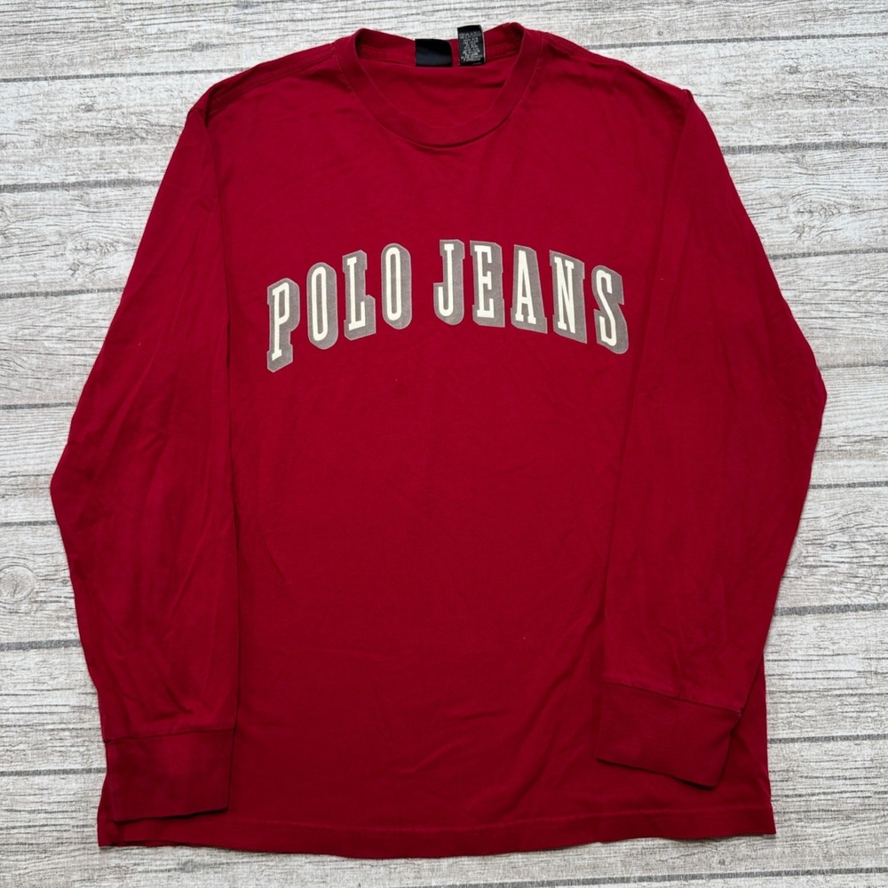 Y2K Ralph Lauren Jeans Co Shirt Mens Large Red Cotton Long Sleeve Preppy Varsity